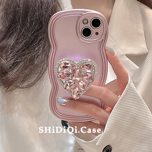 高级感粉色立体水钻，爱心支架全包，苹果手机壳