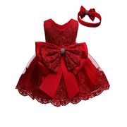 女童礼服裙蓬蓬公主裙，女孩周岁配头饰，礼物红色儿童女宝宝连衣裙夏