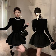 赫本风高级感小黑裙法式气质公主蓬蓬裙内搭打底长袖针织连衣裙冬