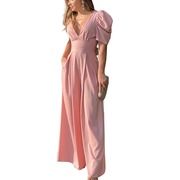 粉红色性感低胸v领修身高腰，露背系带泡泡短袖，连体长裤女jumpsuit