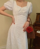 法式方领复古提花白色连衣裙女夏季珍珠泡泡袖公主裙小白裙仙