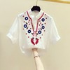 复古刺绣花朵圆领泡泡袖白衬衫，女2024夏季中式国风，气质休闲衬衣潮