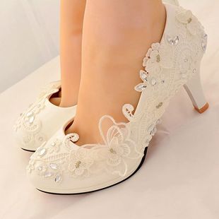春夏大码女鞋新娘结婚鞋白色蝴蝶蕾丝婚鞋伴娘鞋宴会礼服鞋女