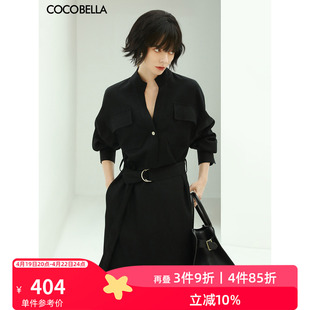 cocobella优雅气质立领黑色连衣裙，女重工通勤ol衬衫裙fr147