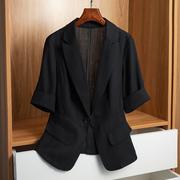 黑色棉麻短袖小西装外套，女士2024春季小个子，修身大码薄款上衣