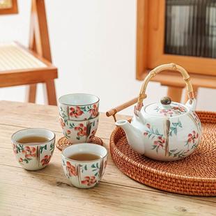 茶具套装手绘高温陶瓷5头茶具秋语田园风茶壶茶杯套装 五件套