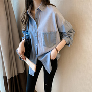 日本SLY牛仔衬衫女秋装宽松bf长袖心机上衣减龄衬衣外套
