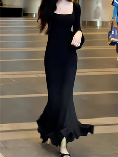 鱼尾长裙秋冬季女装2023黑色，赫本风气质连衣裙子高级感包臀裙
