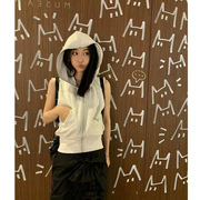 白灰色(白灰色)开衫连帽背心，马甲短款外套，女夏装韩版宽松休闲运动无袖上衣