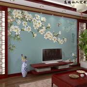 新中式电视背景墙壁纸18d玉兰，花鸟墙布3d客厅沙发墙纸影视墙壁画