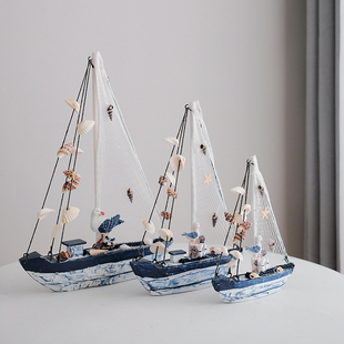 地中海帆船模型摆件实木做旧工艺船蓝白贝壳(白贝壳，)船家居装饰品