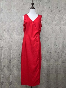 外贸原单尾货品牌女装女士夏季棉麻，红色藏蓝色性感长款无袖连衣裙