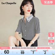 拉夏贝尔/La Chapelle时尚减龄蕾丝领拼接千鸟格短袖雪纺衫女