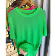 冰丝针织短袖女夏季时尚绿色套头圆领宽松显瘦针织衫薄款镂空上衣