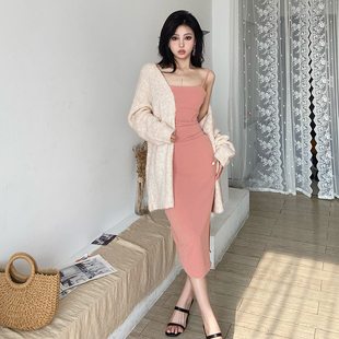 klalien中长款针织毛衣，套装女杏色开衫外套，内搭中长款吊带连衣裙
