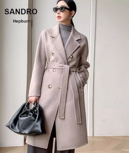 Sandro Hepburn西装领双面羊绒大衣女装纯羊毛气质毛呢外套大红色