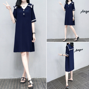 夏季韩版宽松海军领藏青，裙子时尚大码减龄连衣裙女潮