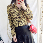 豹纹衬衫女韩国泫雅风复古洋气宽松长袖个性花衬衣港味碎花雪纺衫