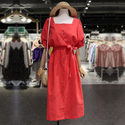2023夏装方形领棉麻西瓜红灯笼袖系带长款连衣裙复古单排扣裙