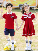 幼儿园园服夏装小学生校服套装毕业服装夏季英伦风连衣裙红色班服