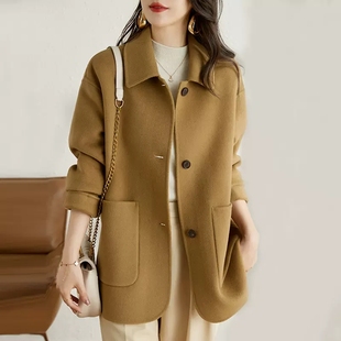 小个子黄色呢子外套秋冬季韩版女装，气质休闲单排扣呢子大衣
