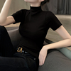 黑色短袖T恤女针织半高领打底衫内搭春夏季洋气高端螺纹半袖上衣
