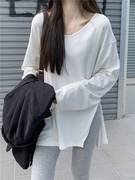 纯色加绒T恤女长袖秋冬韩版中长款内搭打底衫设计感开叉宽松上衣