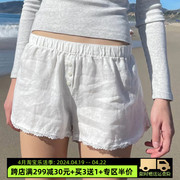 AOMR海滩度假风排扣简约休闲短裤女夏季白色花边宽松阔腿打底热裤
