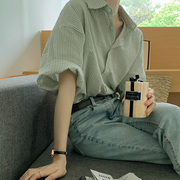 夏季女装韩版批发宽松设计感小众上衣学生，休闲条纹短袖衬衫潮