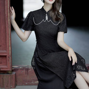 中国风改良黑色蕾丝旗袍奥黛高级感新中式长款连衣裙夏季复古优雅