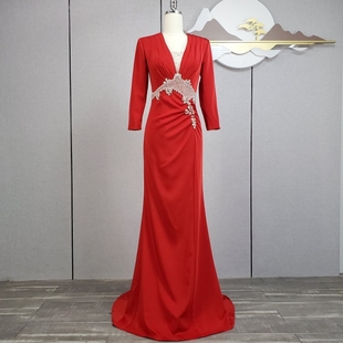 2023红色礼服长裙晚会年会，简约气质晚礼服，主持演出长袖裙鱼尾