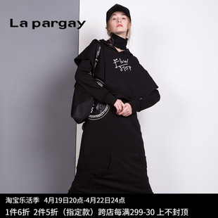 lapargay纳帕佳2024女装中长款黑色，显瘦拼接披肩假两件连衣裙