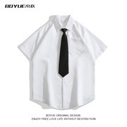 boyue帛跃dk学生制服翻领，短袖白色衬衫，男小众潮流高级感帅气衬衣