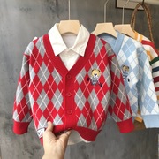 男童红色毛衣开衫2023冬装，中小童宝宝针织上衣，儿童外套潮童装