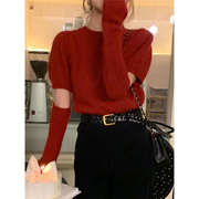 红色袖套毛衣针织衫女内搭打底衫春季设计感法式独特别致甜辣上衣