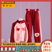 红色女童加绒加厚运动服，套装女宝宝2023秋冬款，儿童外套卫裤两件套