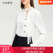 amii中式雪纺衫女2024春季长袖，气质上衣立领，绑带宽松衬衫白色