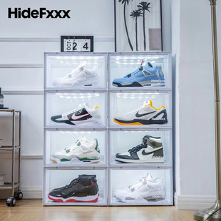 hidefxxx声控灯光鞋盒pet材质，透明球鞋收纳盒led发光展示可放54码