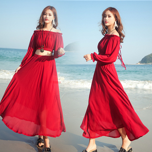 红色沙漠连衣裙长裙海南云南三亚旅游拍照衣服沙滩裙海边度假套装