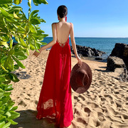 度假裙红色超仙沙滩连衣裙长裙，飘逸三亚旅行穿搭气质露背吊带长裙