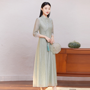 茶服女夏茶艺师服装中式改良旗袍，仙中国风汉服，文艺禅意女装连衣裙