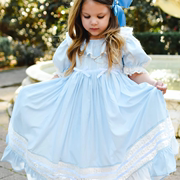  美国公主裙子女童蓝色蝴蝶结白色蕾丝边公主连衣裙 甜美裙子