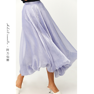 阿力仙娜超仙灰紫色鎏金花苞裙法式大摆长款蓬蓬网纱裙沙包裙