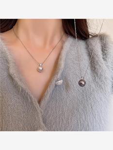 单颗灰色珍珠锆石吊坠项链女简约小众高级感锁骨链轻奢配饰品