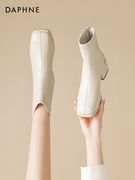 达芙妮高跟鞋短靴女靴2023秋冬款粗跟白色，瘦瘦靴子法式小踝靴