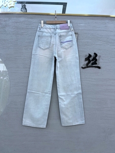 Jeans夏季 阿凡牛3368牛仔裤女浅蓝色窄版直筒裤紫色皮牌拖地