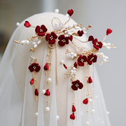 中式新娘头饰结婚酒红色头花边夹发饰套装婚礼超仙敬酒服配饰品