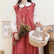 日系甜妹少女红色格子学院，风娃娃领木耳花边假两件长袖连衣裙秋季
