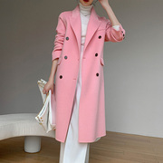 粉色双面呢外套韩版高端百分百纯羊毛呢子大衣西装V领双排扣