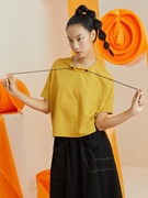 XINSILU新思路女装夏装时尚黄色立领抽绳设计宽松短款女小衫